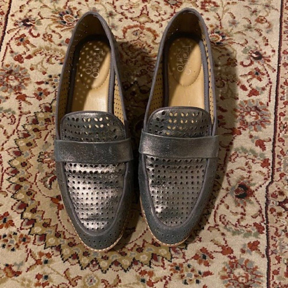 Franco Sarto Hudley Pewter Silver Metallic Perforated Loafers, size 9 1/2
